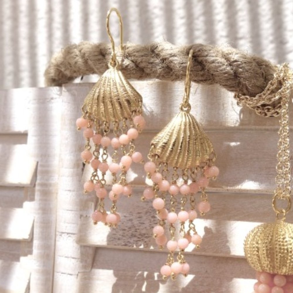 Pink Sand pendant earrings - Silver seashells with baby pink beads